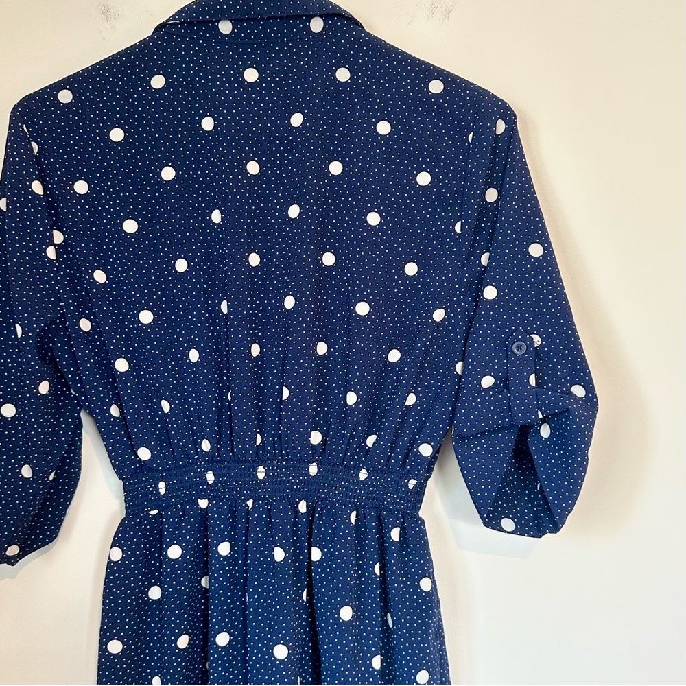 Elegant Navy Polka Dot Long Sleeve Dress - Size: Petite Large - Picture 7 of 8